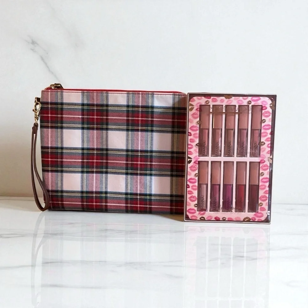 Manna Kadar Lip Heaven Liquid Lip Stains & Plaid Makeup Bag
